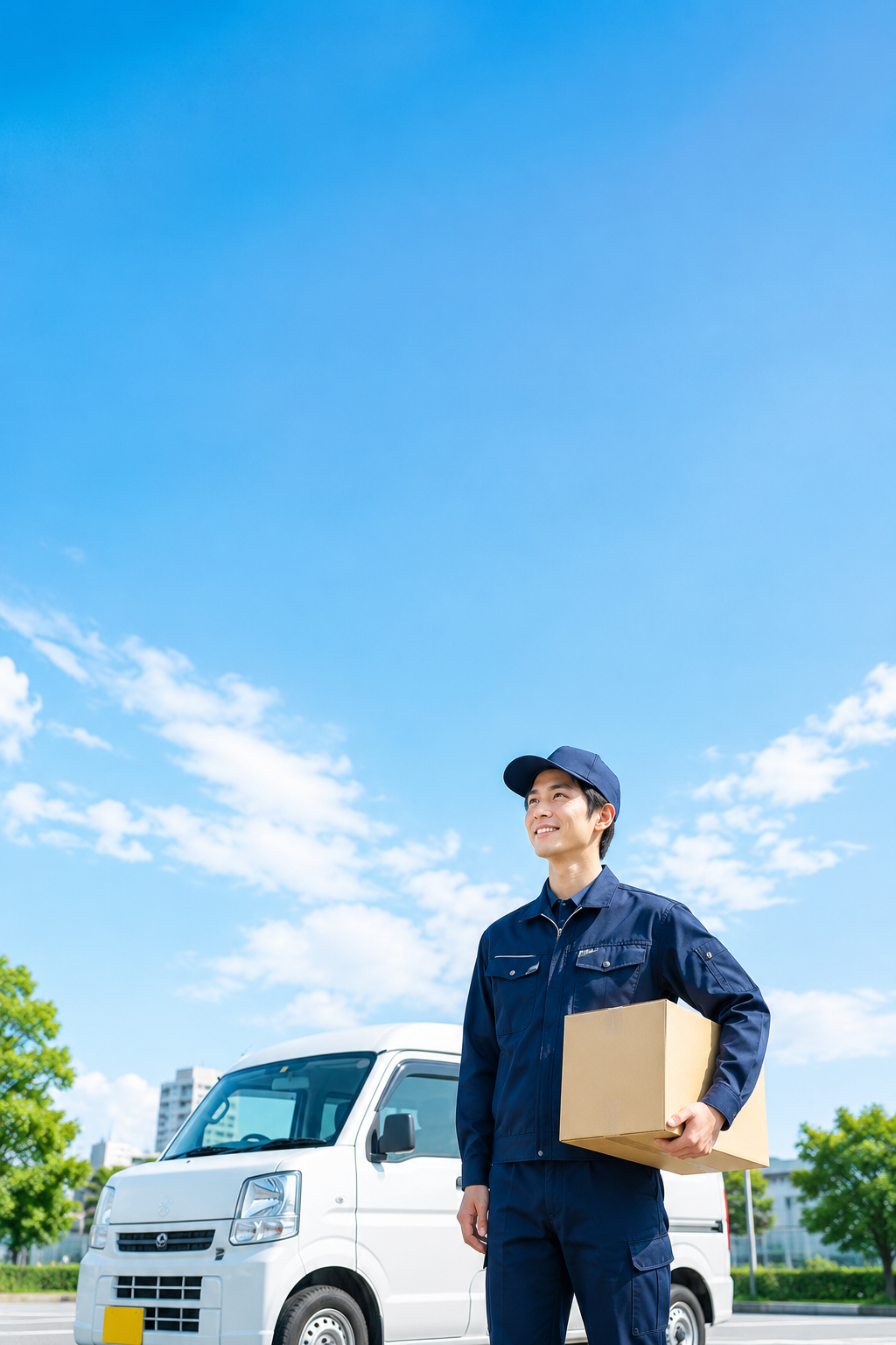 軽配送車両の前で荷物を持つ配送ドライバー